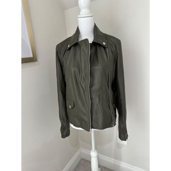 French Connection Womens Olive Green Faux Leather Moto Biker Jacket Size S - Picture 12 of 16